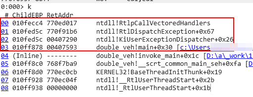 Figure 6: capture of the stack after reaching the RtlpCallVectoredHandler in ntdll (just after ACCESS_VIOLATION occured)