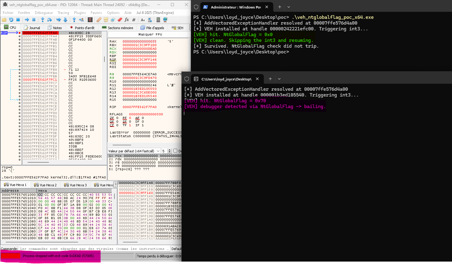 Figure 9: Output of two execution, one in nominal execution and another in the debug that trigger the ExitProcess(0xDEAD)