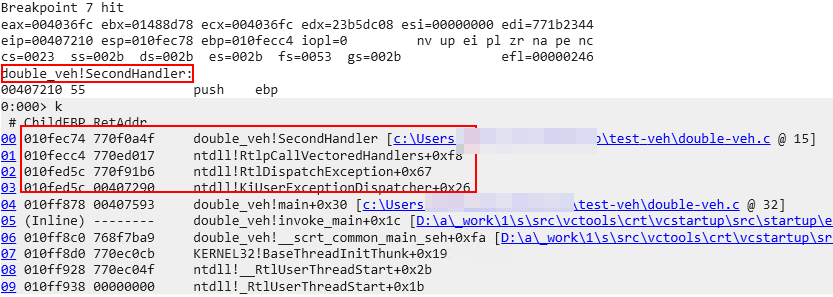 Figure 7: windbg capture of the stack after hitting SecondHandler function during the exception management