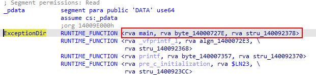 Figure 4: .pdata section that hold the RUNTIME_FUNCTION for my exception in the main function