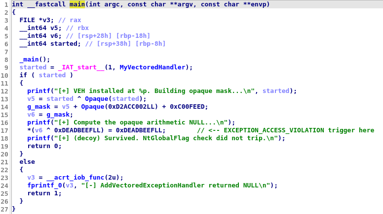 Figure 11: Decompiled view of the main function that implement the execution flow hidden