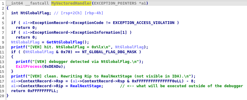 Figure 12: Decompiled view of the custom vector handler that change program execution flow if a debugger is detected via NtGlobalFlag