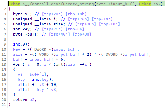 Figure 6: Decompiled function used to deobfuscate Latrodectus string